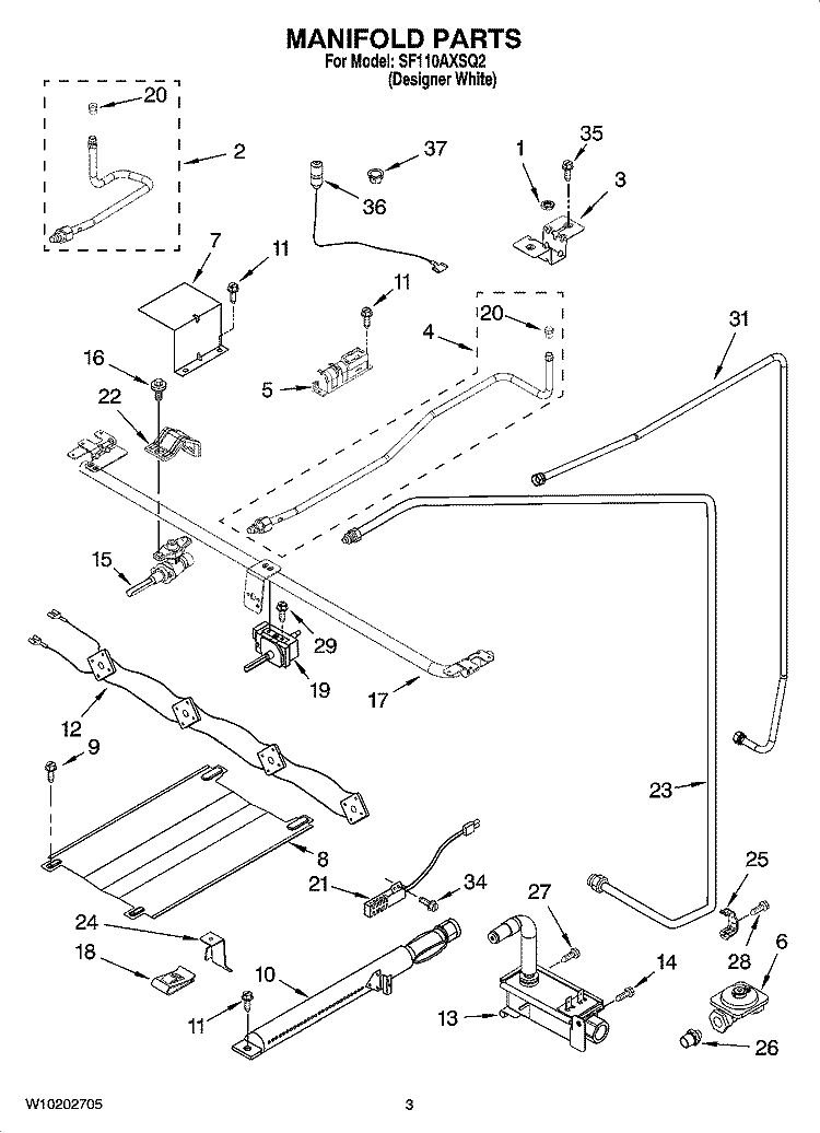 MANIFOLD PARTS Diagram and Parts List for SF110AXSQ2  Whirlpool Range