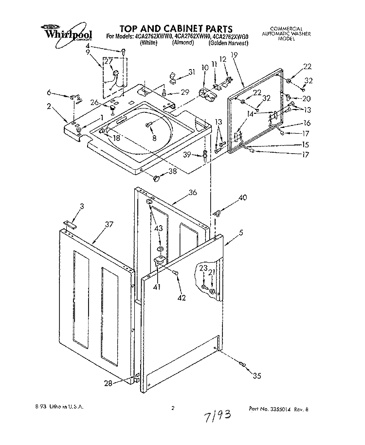 TOP AND CABINET, LIT/OPTIONAL Diagram and Parts List for 4CA2762XWW0  Whirlpool Washer