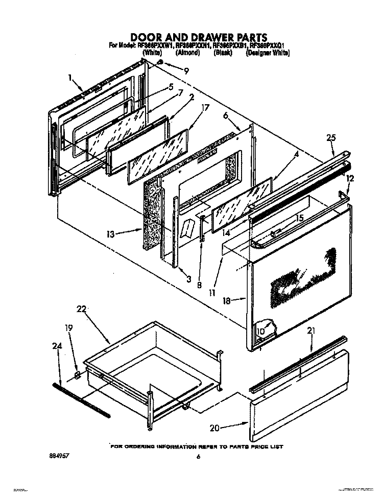 DOOR AND DRAWER Diagram and Parts List for RF366PXXN1  Whirlpool Range
