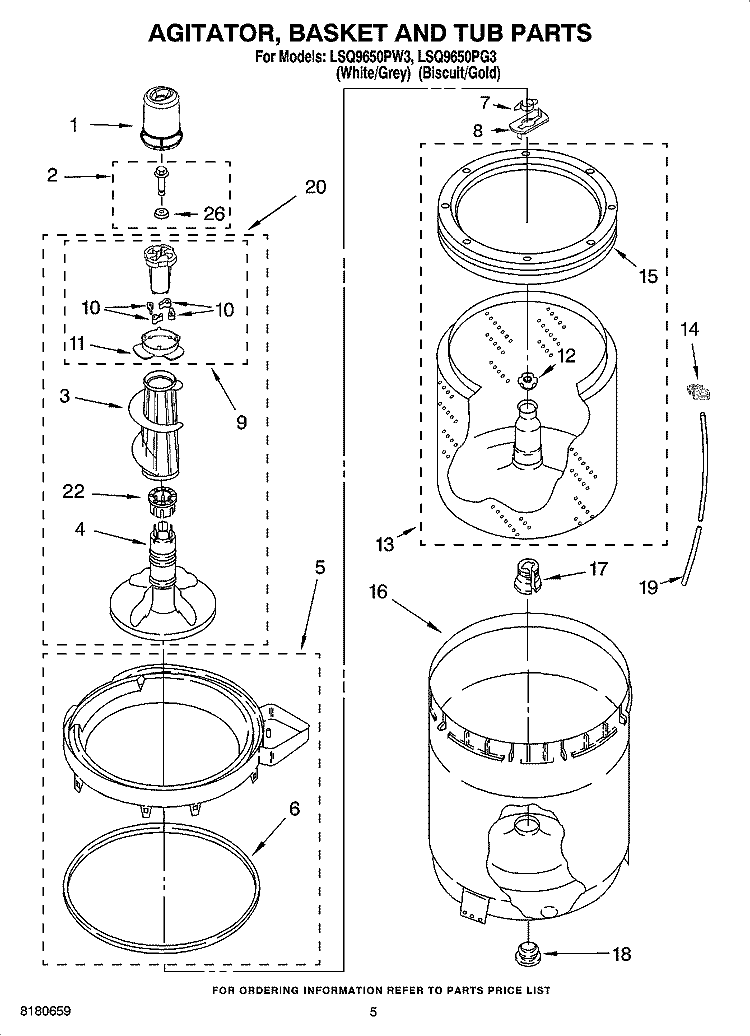 AGITATOR, BASKET AND TUB PARTS Diagram and Parts List for LSQ9650PG3  Whirlpool Washer