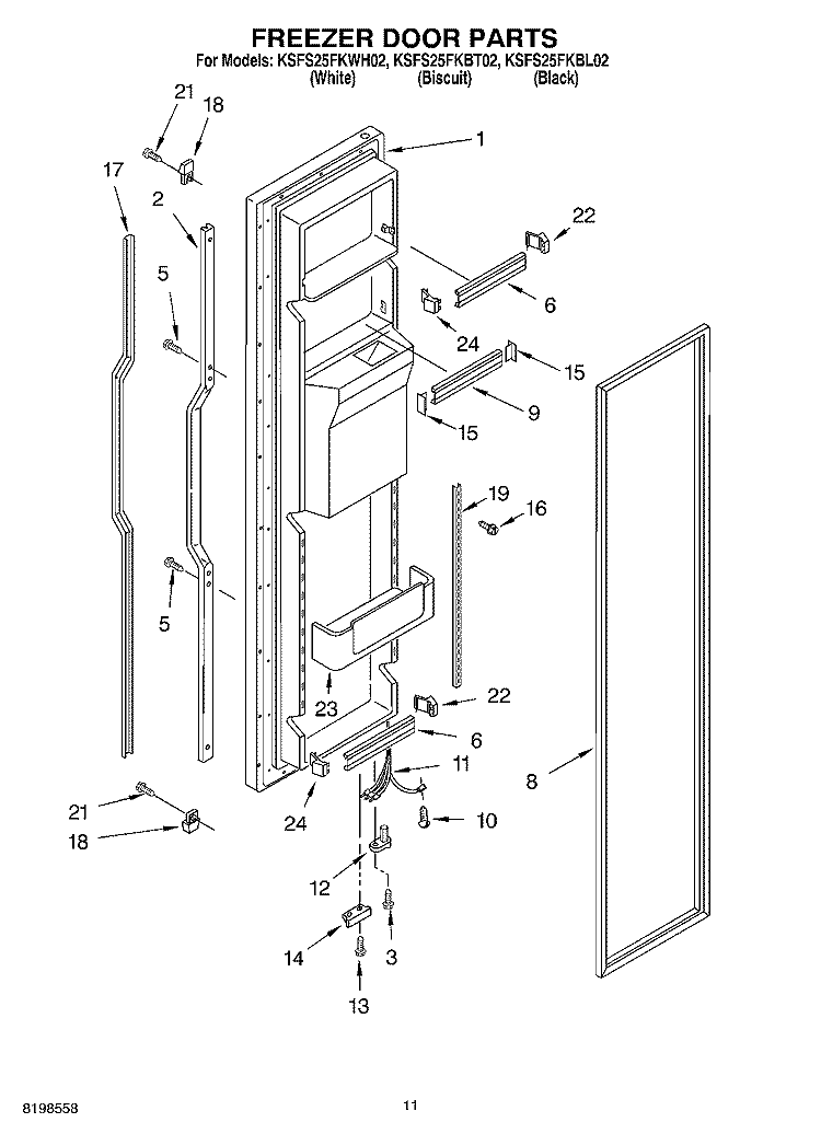 FREEZER DOOR PARTS Diagram and Parts List for KSFS25FKBL02  KitchenAid Refrigerator