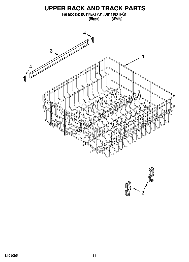 UPPER RACK AND TRACK PARTS Diagram and Parts List for DU1148XTPQ1  Whirlpool Dishwasher