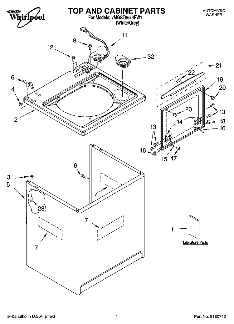 TOP AND CABINET PARTS Diagram and Parts List for 7MGST9679PW1  Whirlpool Washer