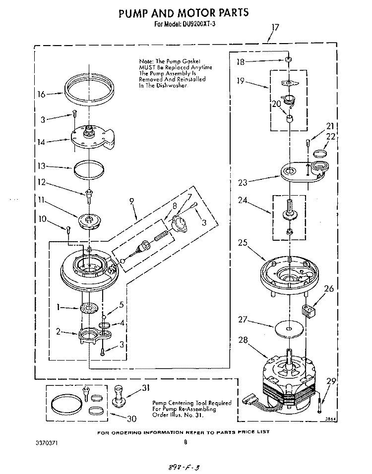 PUMP AND MOTOR Diagram and Parts List for DU9200XT3  Whirlpool Dishwasher