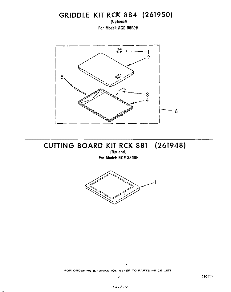 GRIDDLE RCK884(261950), CUTTING BOARD Diagram and Parts List for RGE8800H  Whirlpool Range