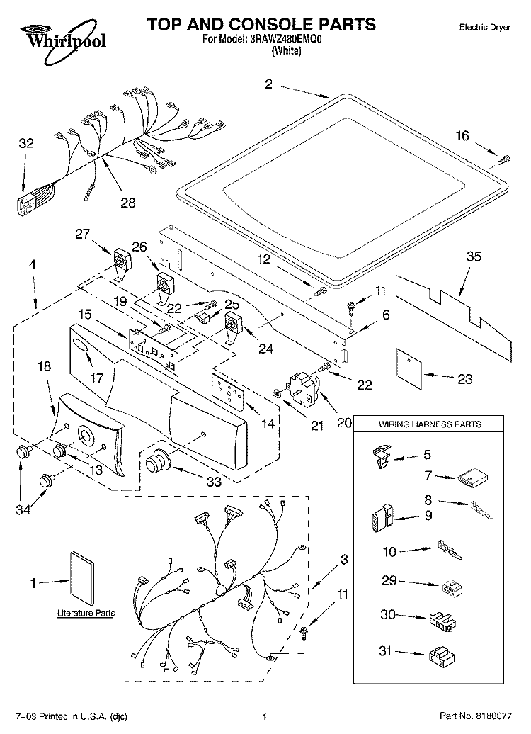 TOP AND CONSOLE PARTS Diagram and Parts List for 3RAWZ480EMQ0  Whirlpool Dryer