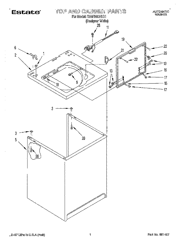 TOP AND CABINET Diagram and Parts List for TAWB600EQ1  Estate Washer