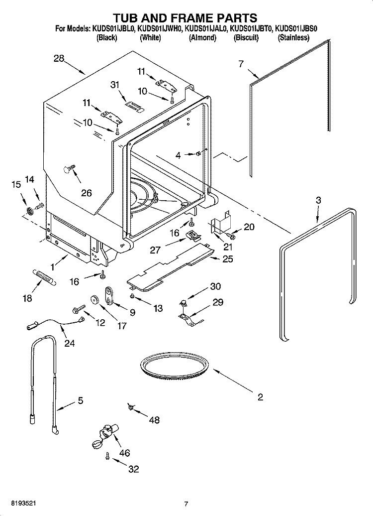 TUB AND FRAME PARTS Diagram and Parts List for KUDS01IJBL0  KitchenAid Dishwasher