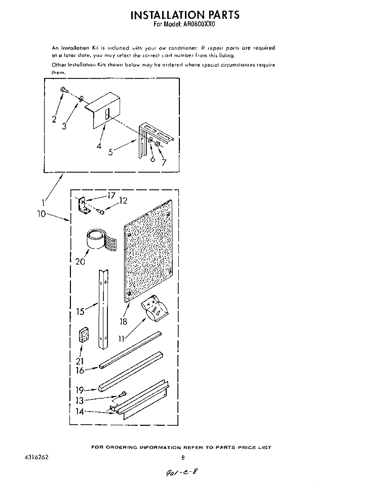 INSTALLATION Diagram and Parts List for AR0600XX0  Whirlpool Air Conditioner
