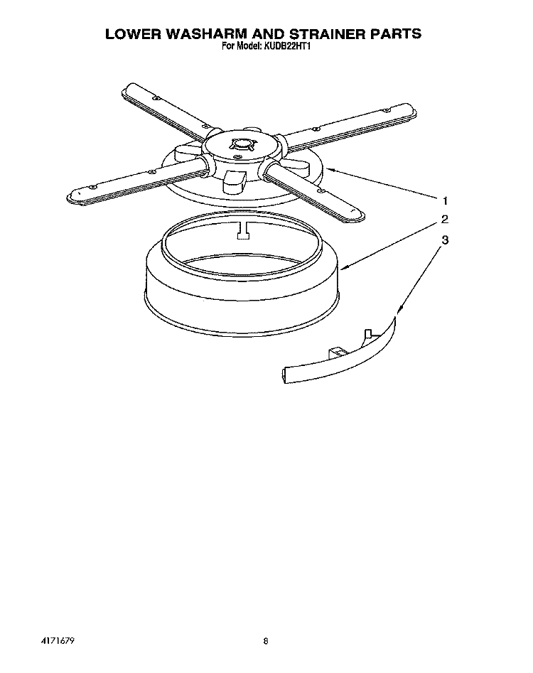 LOWER WASHARM AND STRAINER Diagram and Parts List for KUDB22HT1  KitchenAid Dishwasher
