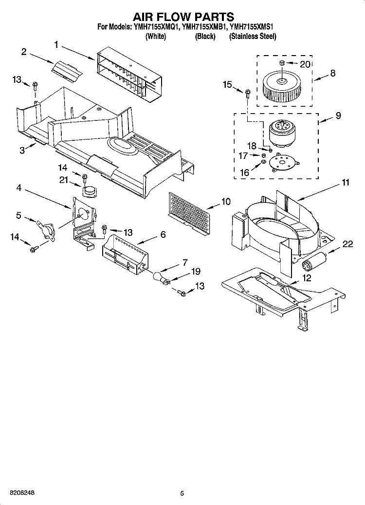 AIR FLOW PARTS Diagram and Parts List for YMH7155XMS1  Whirlpool Microwave