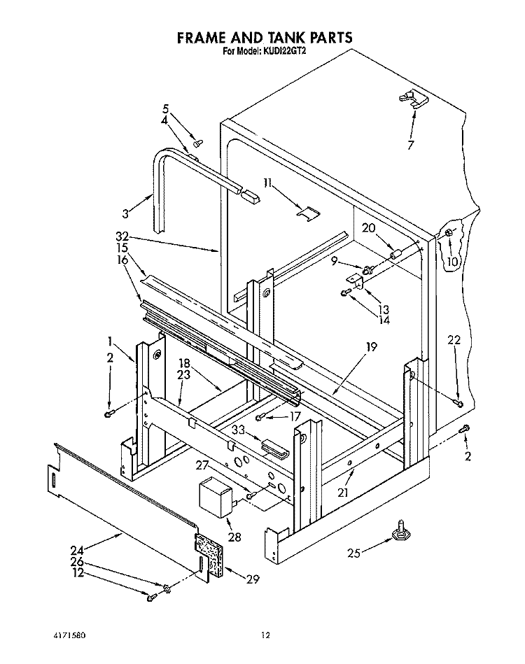 FRAME AND TANK Diagram and Parts List for KUDI22GT2  KitchenAid Dishwasher