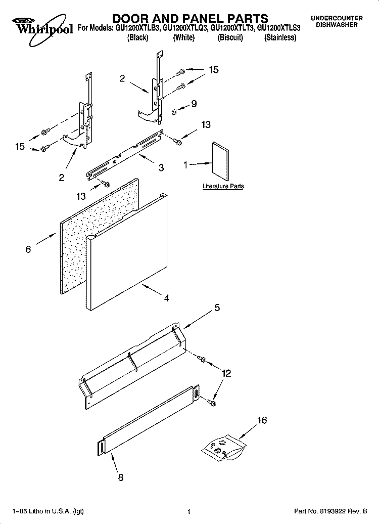 DOOR AND PANEL PARTS Diagram and Parts List for GU1200XTLT3  Whirlpool Dishwasher