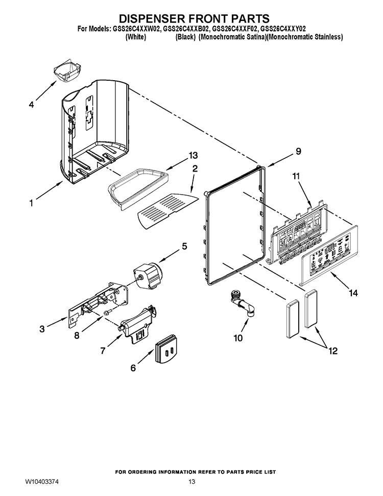 DISPENSER FRONT PARTS Diagram and Parts List for GSS26C4XXF02  Whirlpool Refrigerator