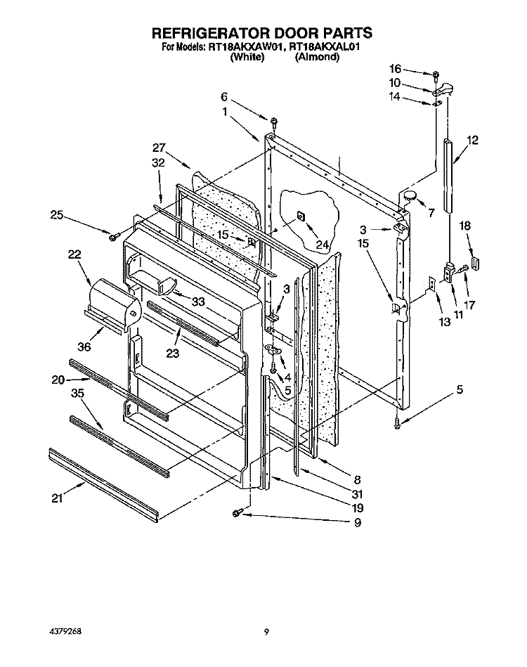 REFRIGERATOR DOOR, LIT/OPTIONAL Diagram and Parts List for RT18AKXAW01  Roper Refrigerator
