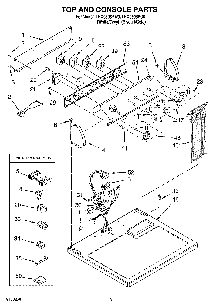TOP AND CONSOLE PARTS Diagram and Parts List for LEQ9508PW0  Whirlpool Dryer
