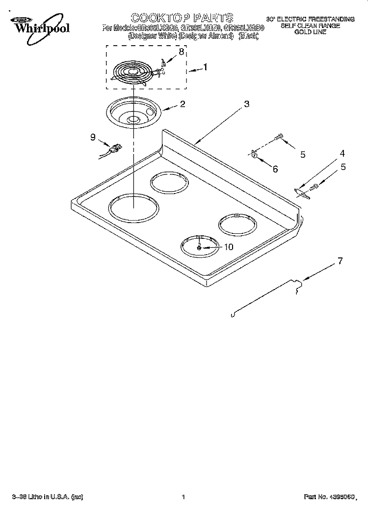 COOKTOP Diagram and Parts List for GR395LXGB0  Whirlpool Range