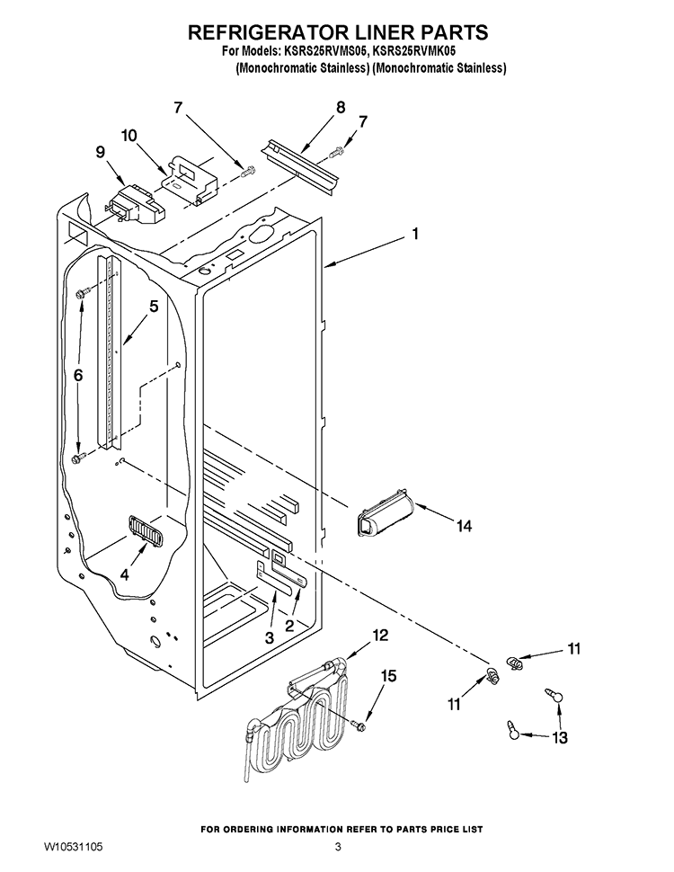 REFRIGERATOR LINER PARTS Diagram and Parts List for KSRS25RVMK05  KitchenAid Refrigerator