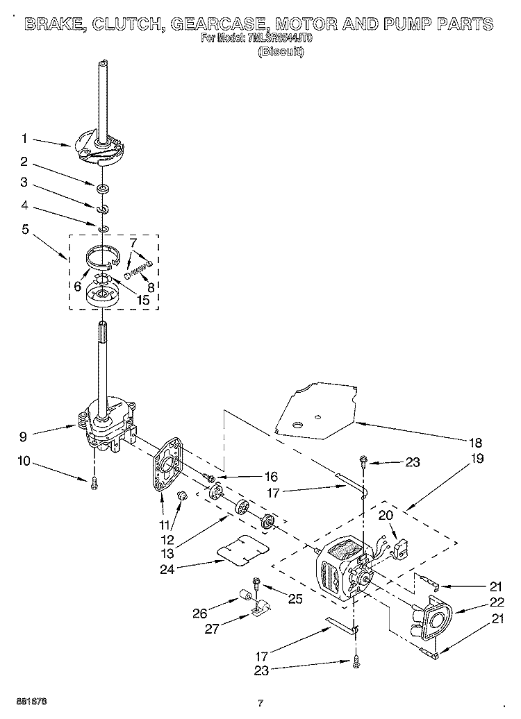 BRAKE, CLUTCH, GEARCASE, MOTOR AND PUMP Diagram and Parts List for 7MLSR8544JT0  Whirlpool Washer