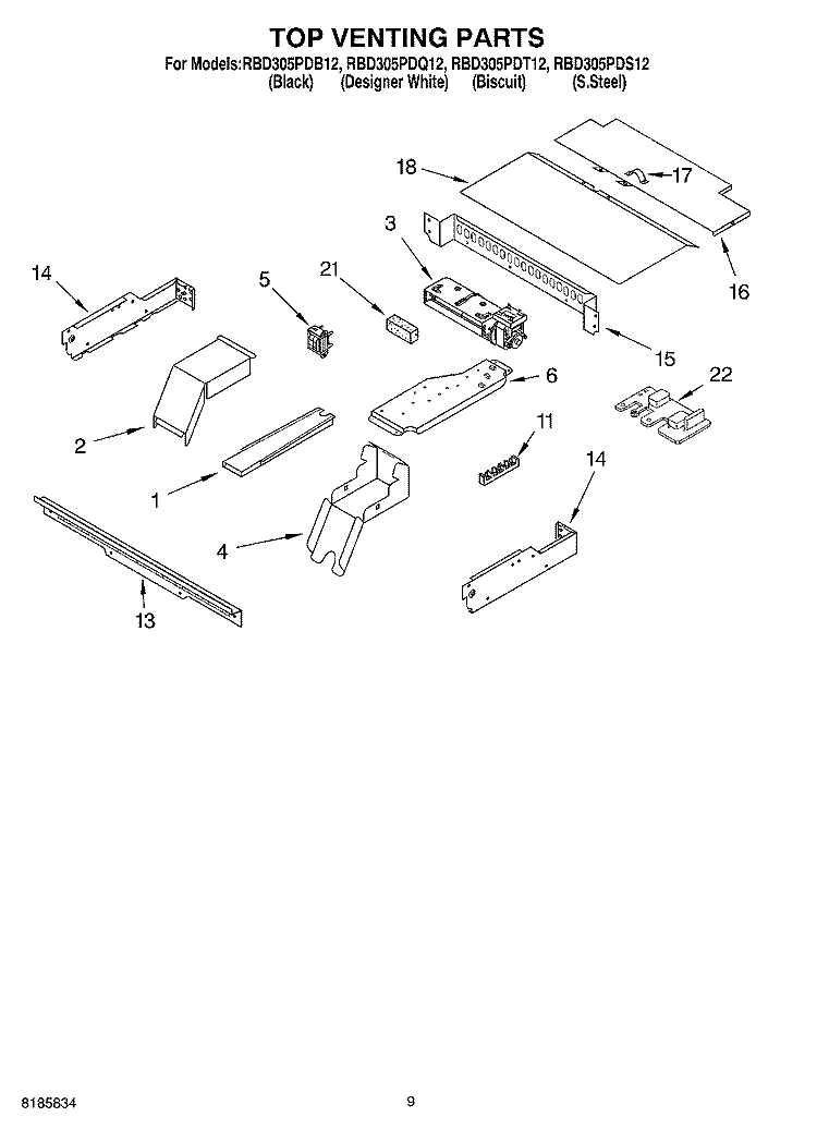 TOP VENTING Diagram and Parts List for RBD305PDB12  Whirlpool Wall Oven