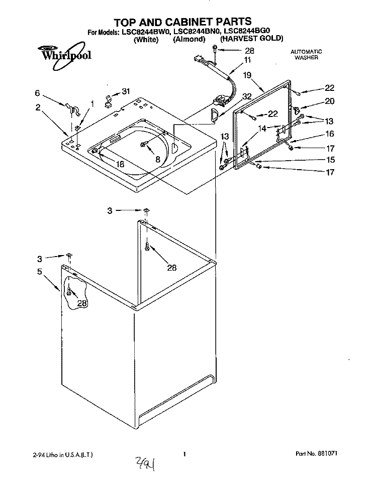 TOP AND CABINET, LIT/OPTIONAL Diagram and Parts List for LSC8244BW0  Whirlpool Washer