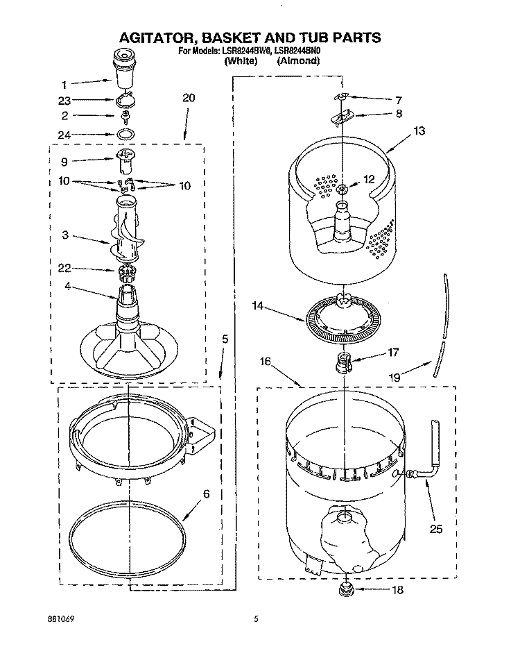 AGITATOR, BASKET AND TUB Diagram and Parts List for LSR8244BW0  Whirlpool Washer