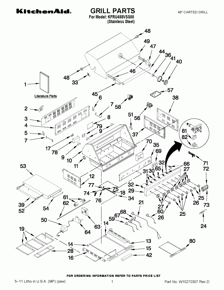 GRILL PARTS Diagram and Parts List for KFRU488VSS00  KitchenAid Grill