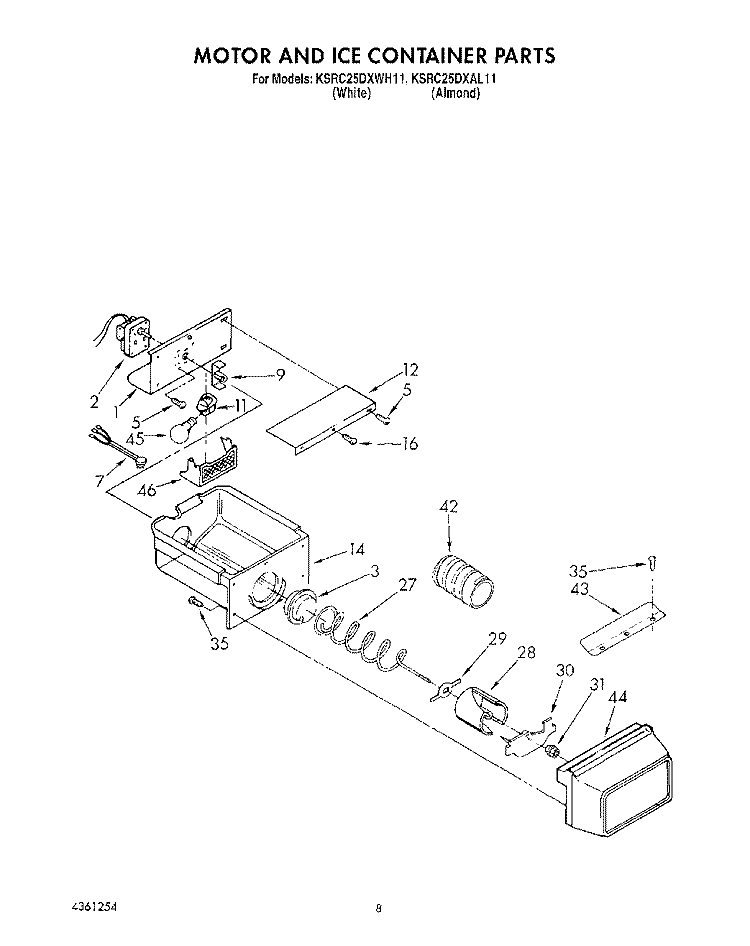 MOTOR AND ICE CONTAINER Diagram and Parts List for KSRC25DXAL11  KitchenAid Refrigerator