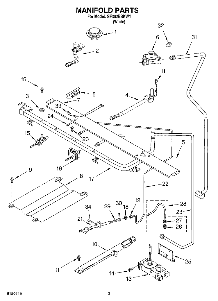 MANIFOLD PARTS Diagram and Parts List for SF302BSKW1  Whirlpool Range