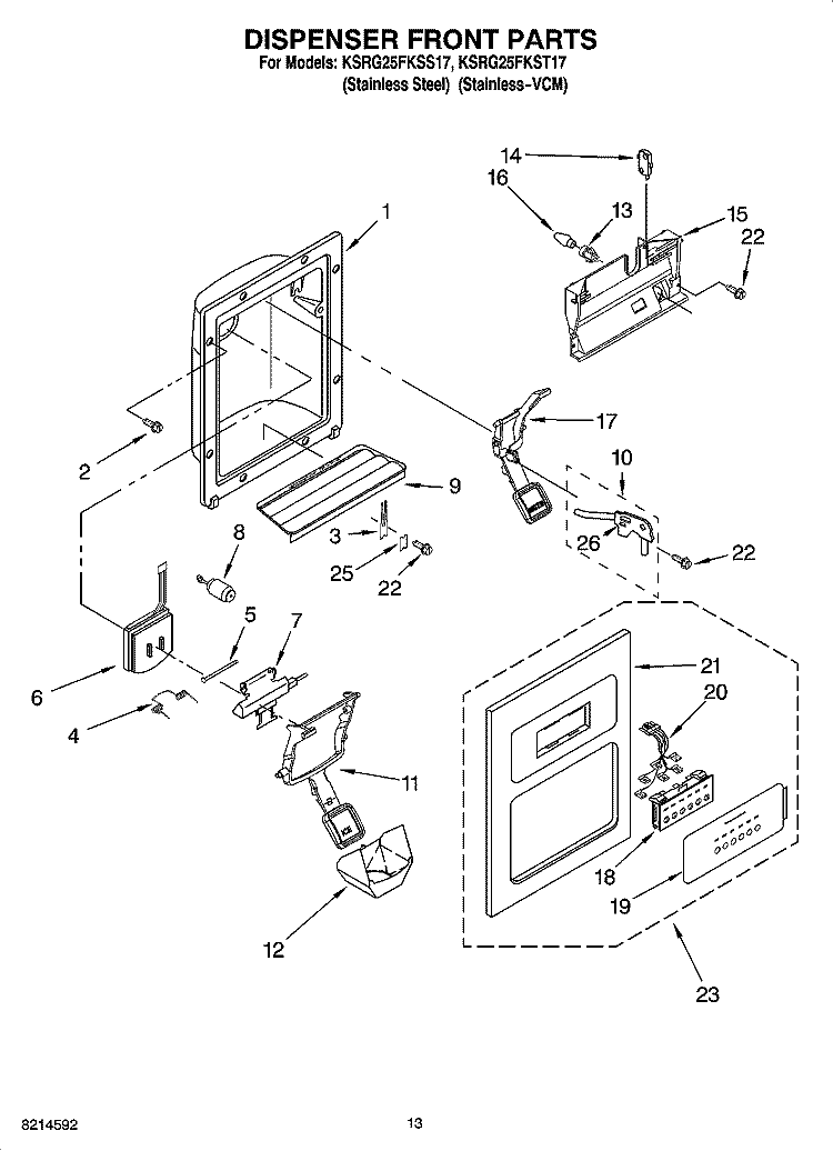 DISPENSER FRONT PARTS Diagram and Parts List for KSRG25FKSS17  KitchenAid Refrigerator