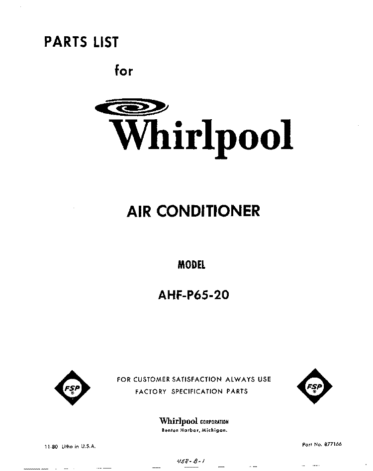 SECTION Diagram and Parts List for AHFP6520  Whirlpool Air Conditioner