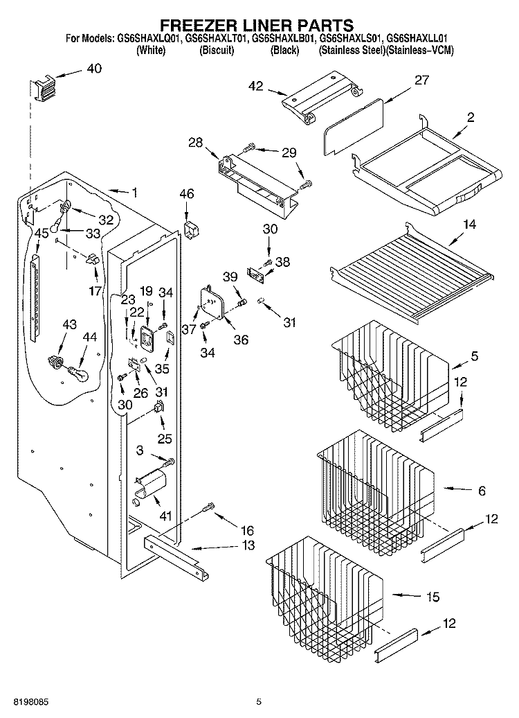 FREEZER LINER Diagram and Parts List for GS6SHAXLS01  Whirlpool Refrigerator