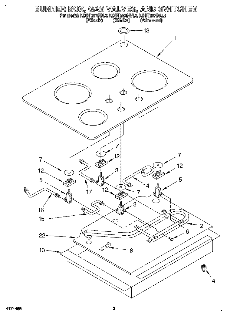 BURNER BOX, GAS VALVES, AND SWITCHES Diagram and Parts List for KDDT207BBL6  KitchenAid Range