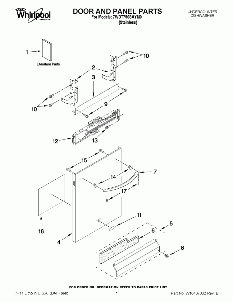 DOOR AND PANEL PARTS Diagram and Parts List for 7WDT790SAYM0  Whirlpool Dishwasher