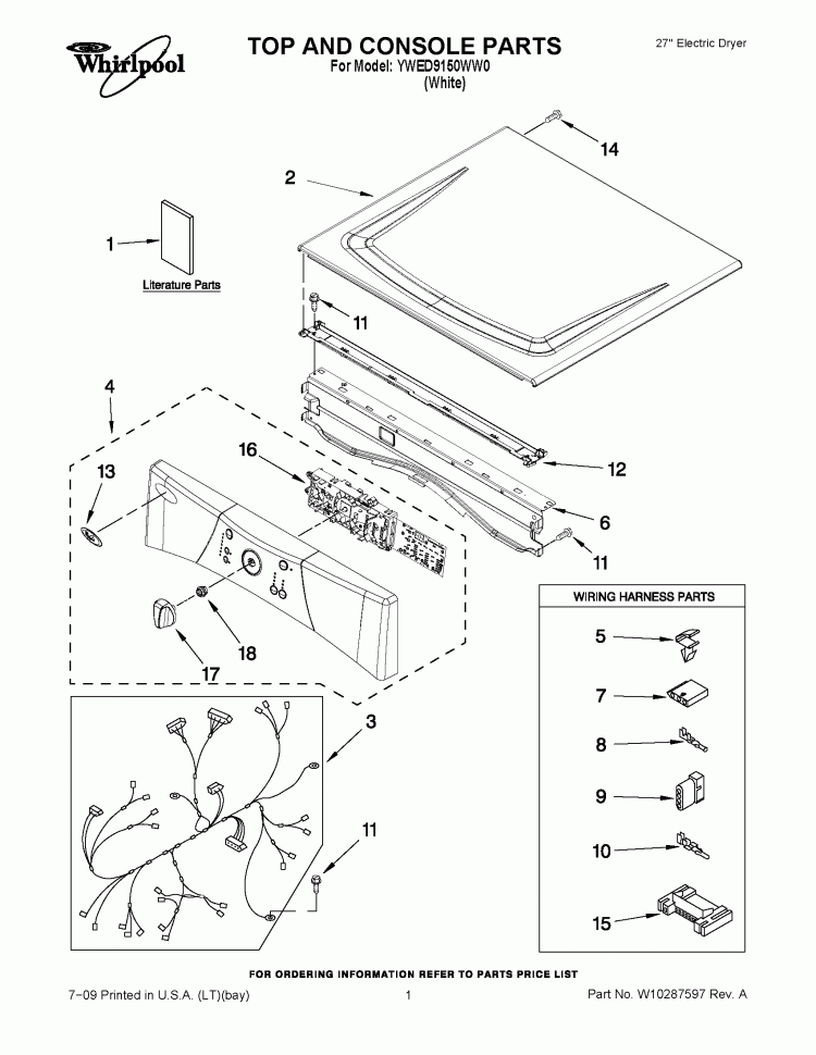 TOP AND CONSOLE PARTS Diagram and Parts List for YWED9150WW0  Whirlpool Dryer