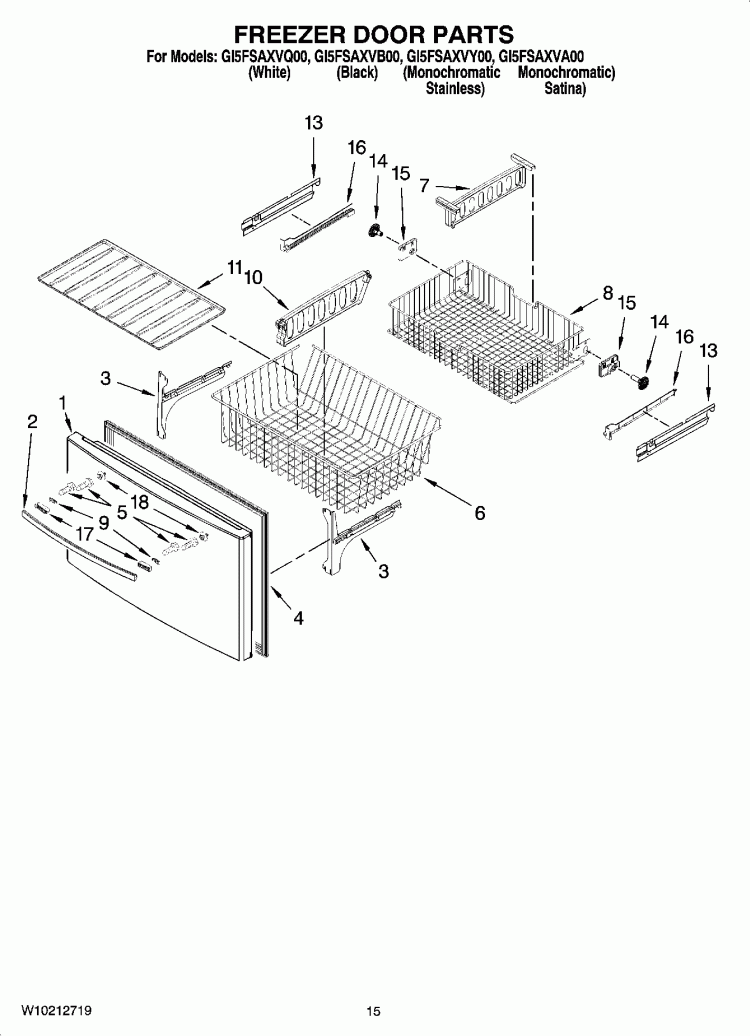 FREEZER DOOR PARTS Diagram and Parts List for GI5FSAXVA00  Whirlpool Refrigerator