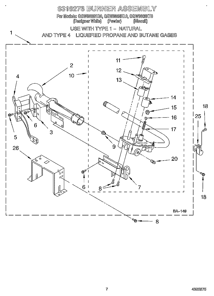 8318276 BURNER ASSEMBLY Diagram and Parts List for GGW9868KL0  Whirlpool Dryer