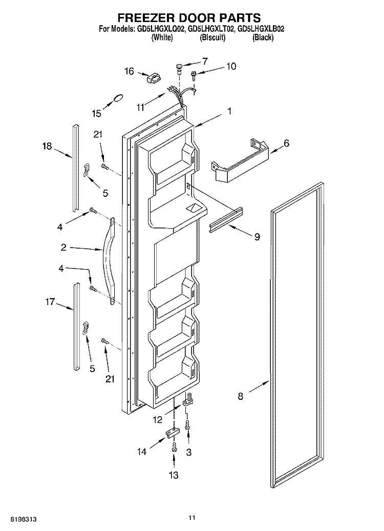 FREEZER DOOR Diagram and Parts List for GD5LHGXLB02  Whirlpool Refrigerator