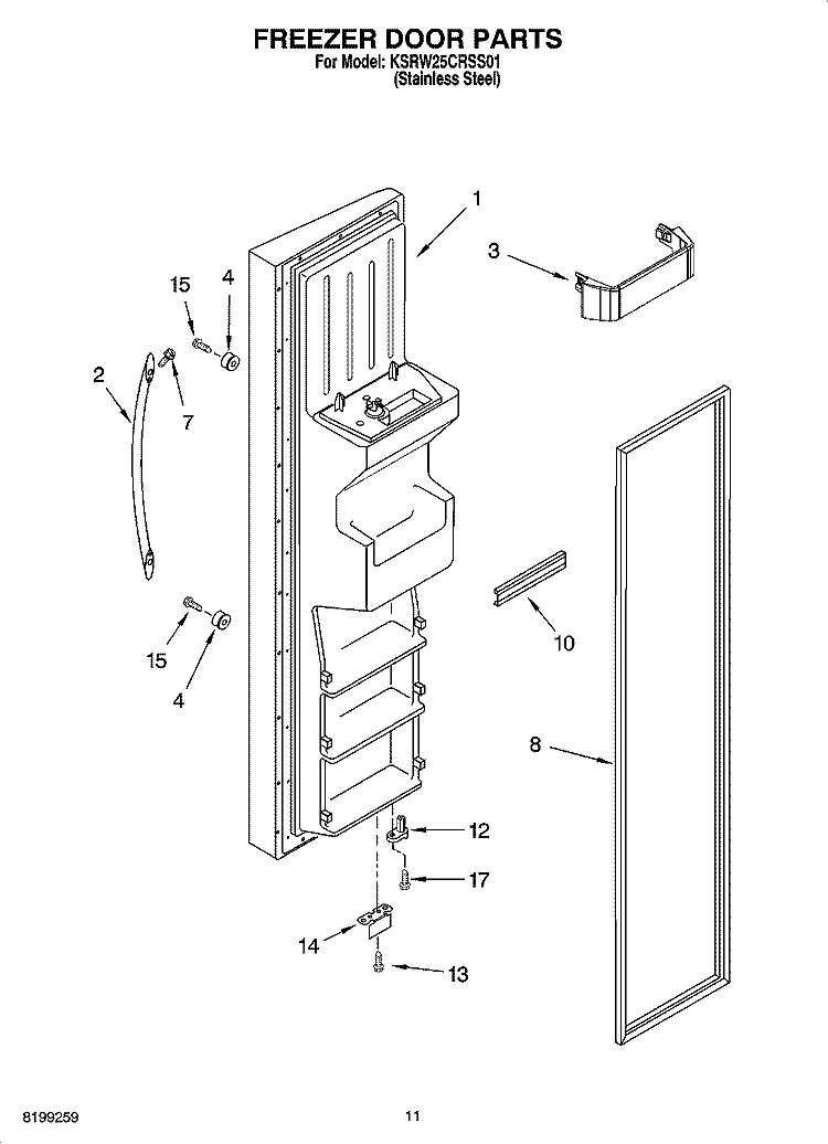 FREEZER DOOR PARTS Diagram and Parts List for KSRW25CRSS01  KitchenAid Refrigerator