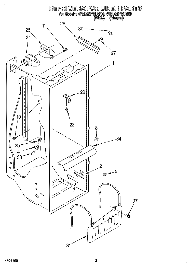 REFRIGERATOR LINER Diagram and Parts List for 4YED22PWDW00  Whirlpool Refrigerator