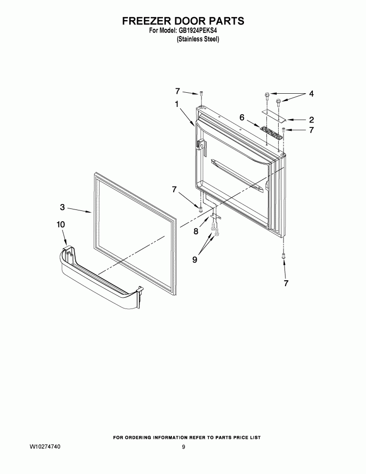 FREEZER DOOR PARTS Diagram and Parts List for GB1924PEKS4  Whirlpool Refrigerator