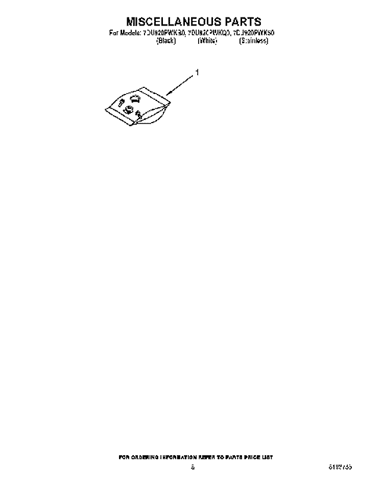MISCELLANEOUS PARTS OPTIONAL PARTS Diagram and Parts List for 7DU920PWKQ0  Whirlpool Dishwasher