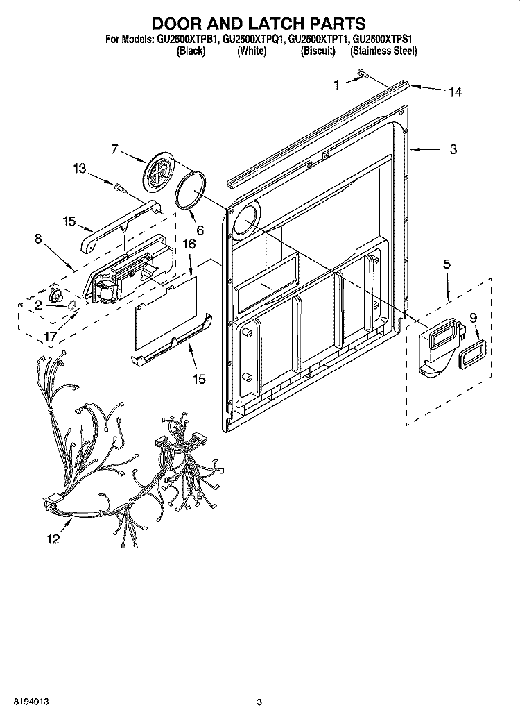 DOOR AND LATCH PARTS Diagram and Parts List for GU2500XTPT1  Whirlpool Dishwasher