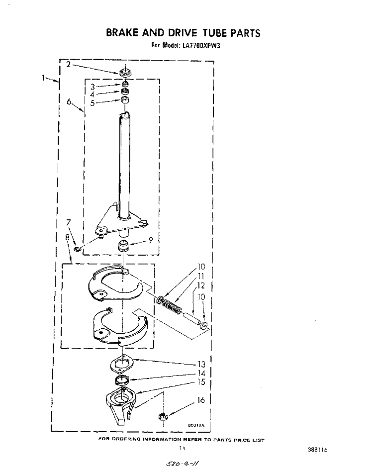 BRAKE AND DRIVE TUBE Diagram and Parts List for LA7700XPW3  Whirlpool Washer
