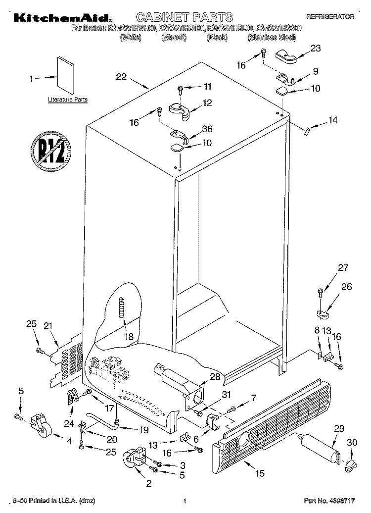 CABINET, LITERATURE Diagram and Parts List for KSRS27IHBL00  KitchenAid Refrigerator