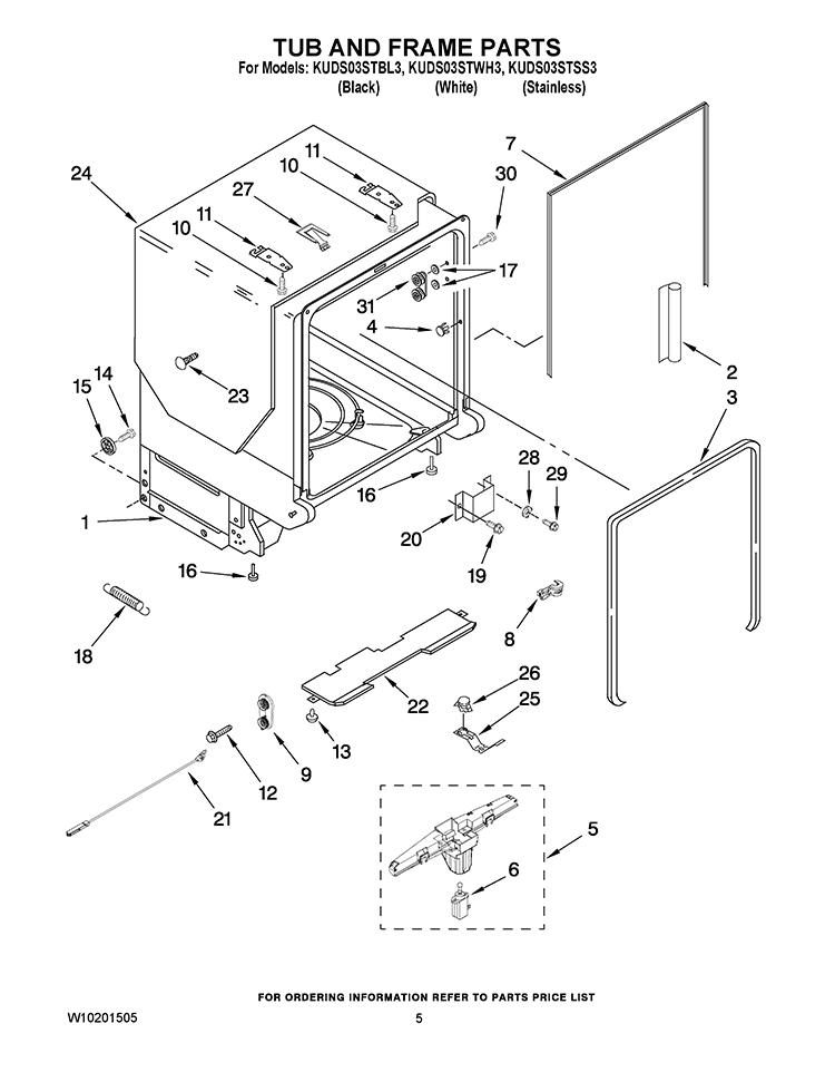 TUB AND FRAME PARTS Diagram and Parts List for KUDS03STBL3  KitchenAid Dishwasher