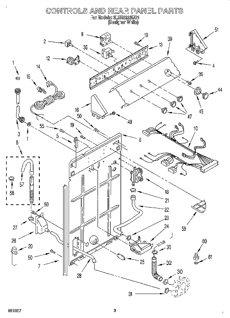 CONTROLS AND REAR PANEL Diagram and Parts List for 3LSR6233EQ1  Whirlpool Washer