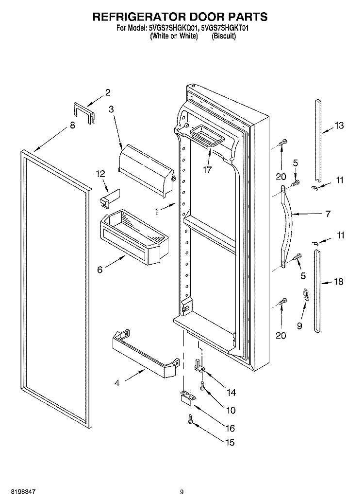 REFRIGERATOR DOOR PARTS Diagram and Parts List for 5VGS7SHGKT01  Whirlpool Refrigerator