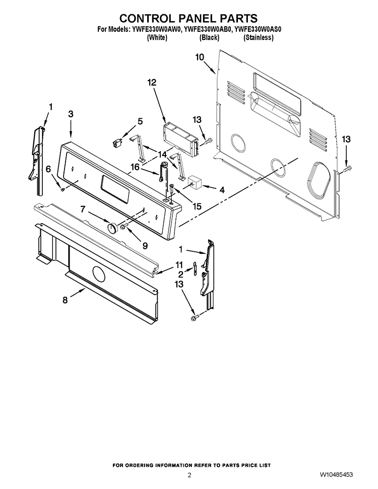 CONTROL PANEL PARTS Diagram and Parts List for YWFE330W0AW0  Whirlpool Range