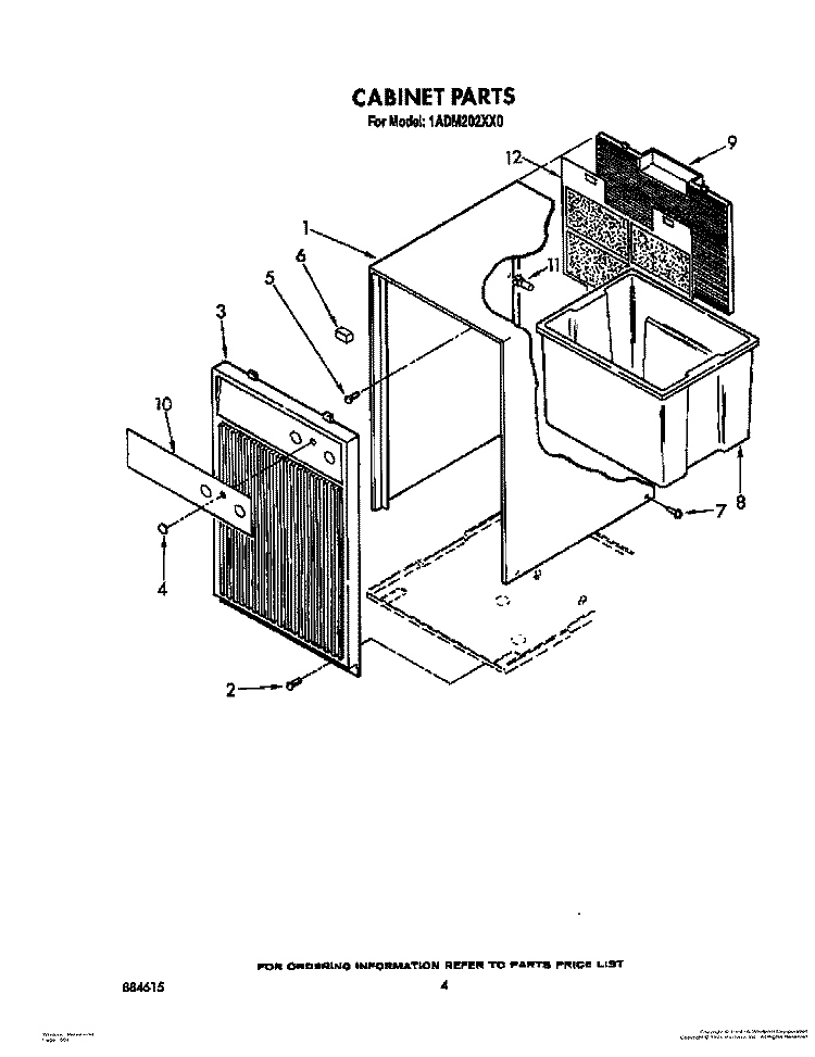 CABINET PARTS Diagram and Parts List for 1ADM202XX0  Whirlpool Dehumidifier